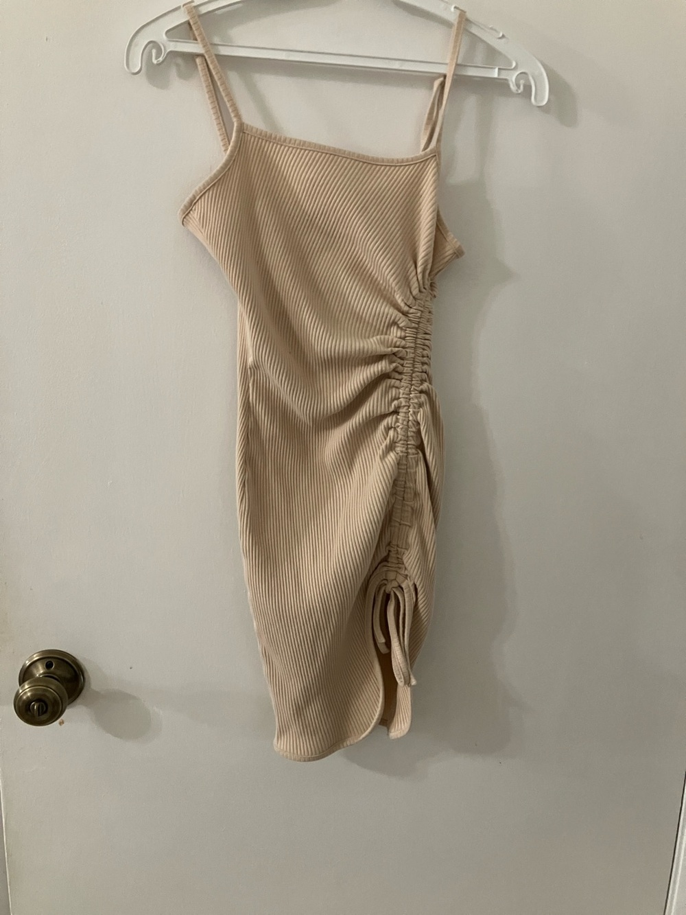 SHEIN Beige Ribbed Ruched Mini Dress